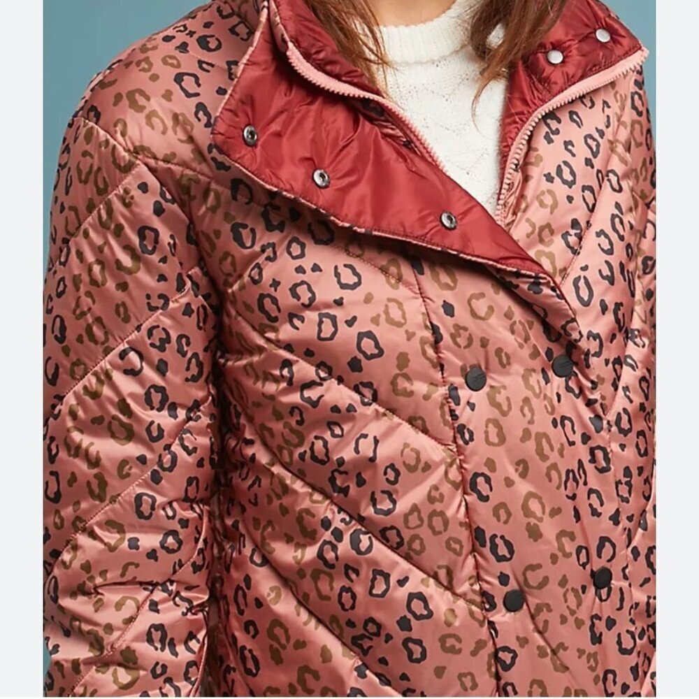 Scotch & Soda Jacket XS Womens Pink Puffer Quilted Leopard Winter Full Zip